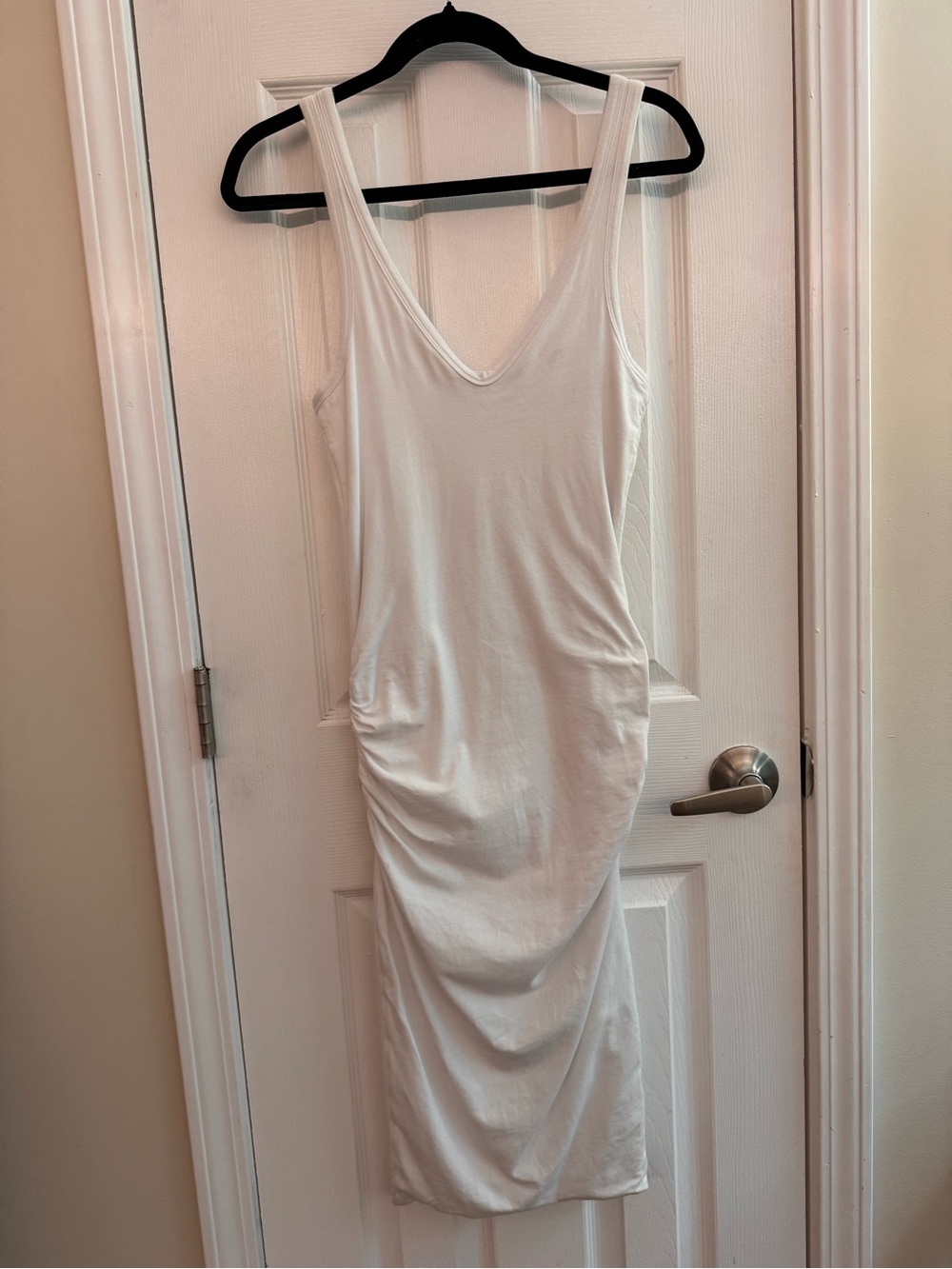 JAMES PERSE White Ruched Bodycon V Neck Midi Dress Size 1
